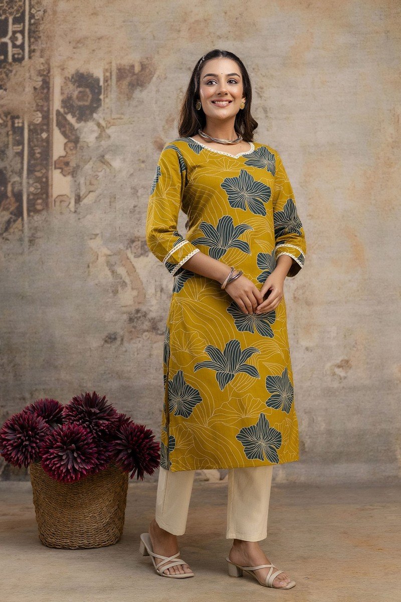 Flower Lace Kurti — Mustard Flower Lace Kurti — Mustard