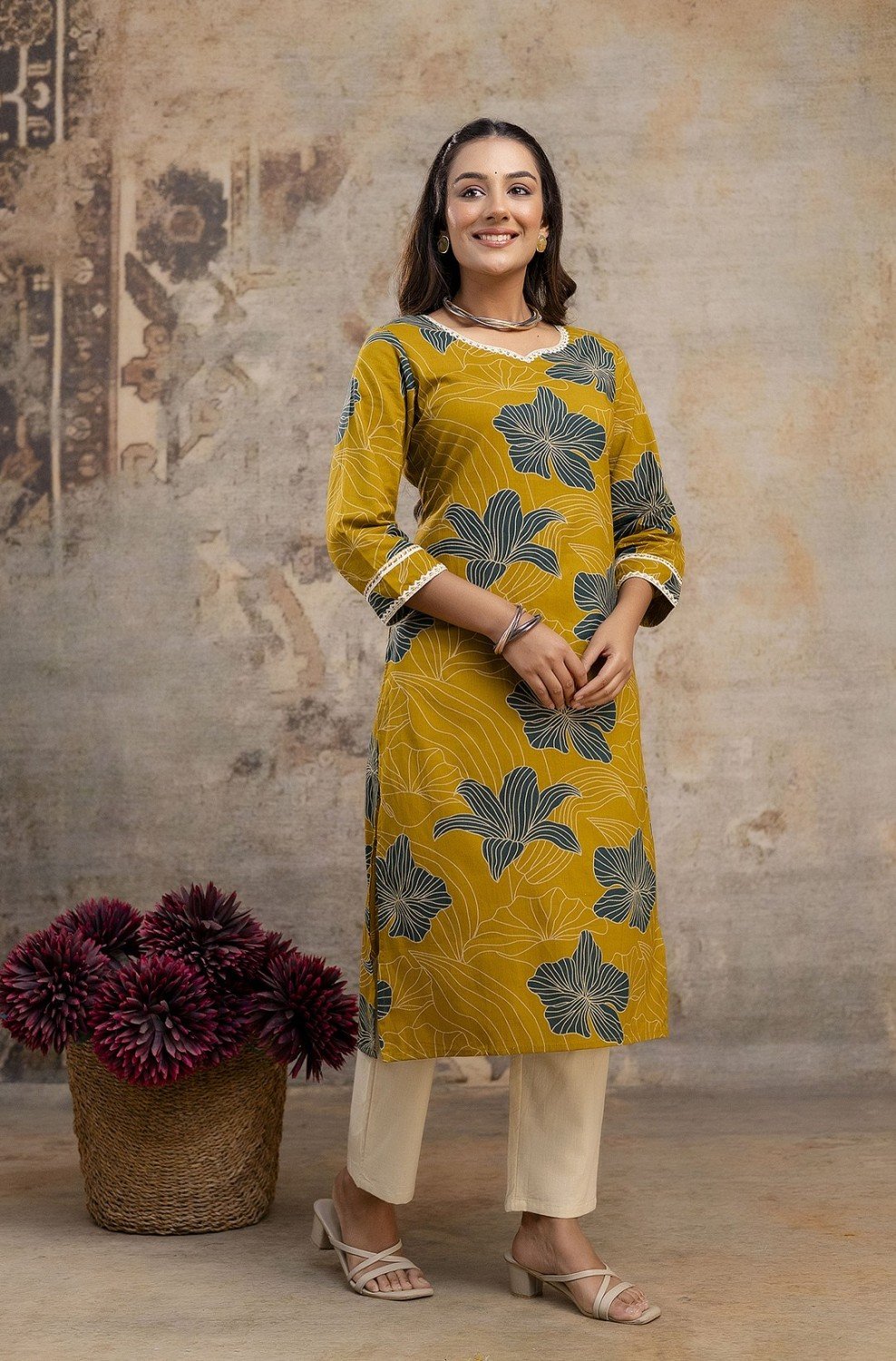 Flower Lace Kurti — Mustard