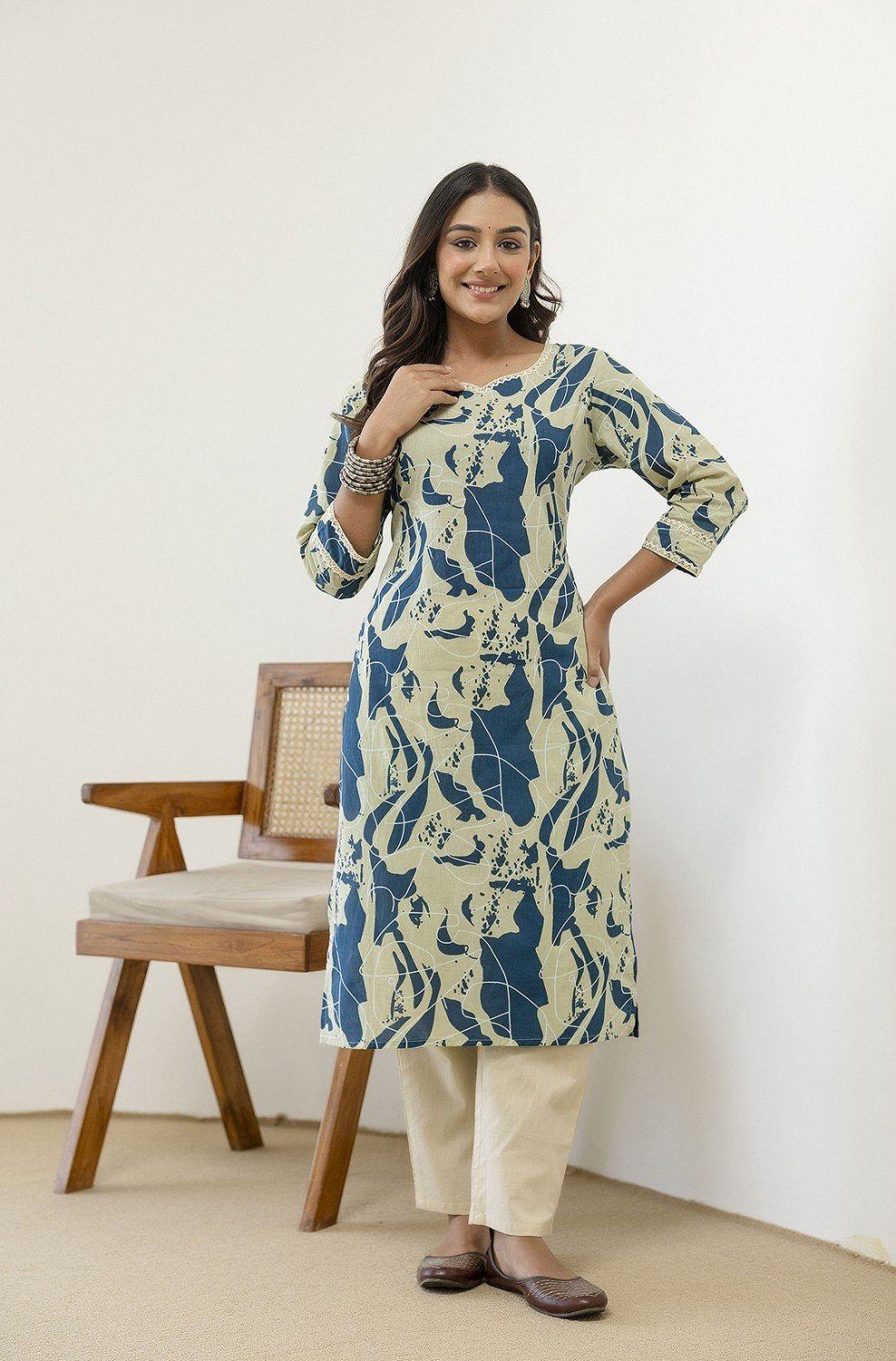 Abstract Print Kurti — Sage Blue