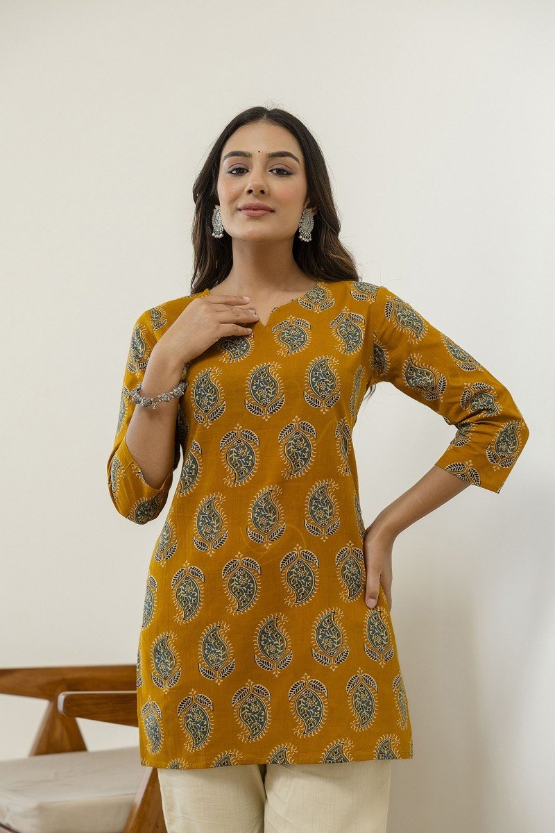 Raangmohar Boota Short Kurti — Mustard