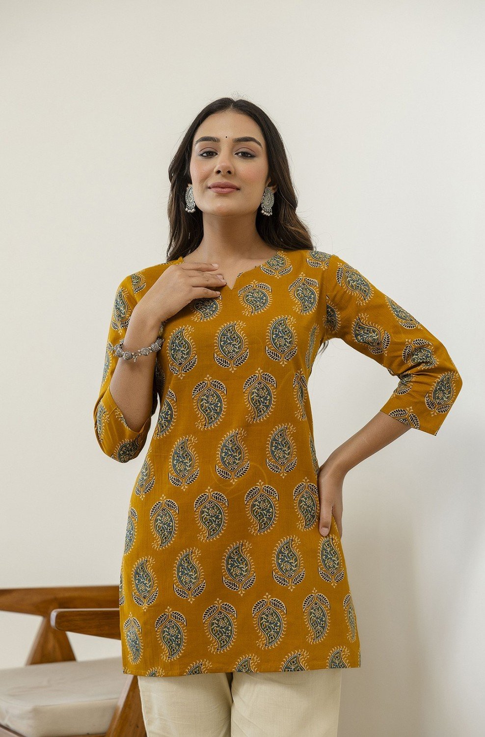 Raangmohar Boota Short Kurti — Mustard