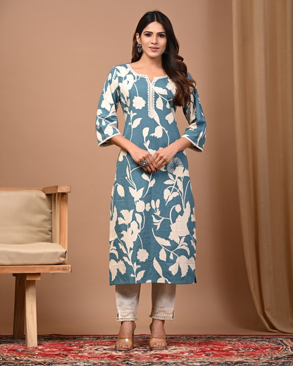 Ivory Bloom Kurti — Tea Blue