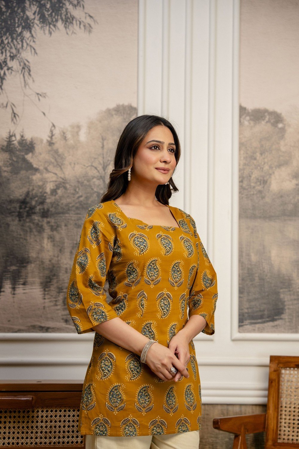 Paisley Charm Short Kurti — Mustard