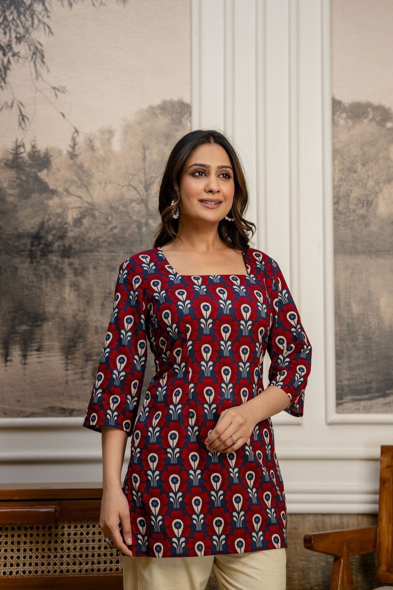 Crimson Garden Short Kurti — Purple Flower